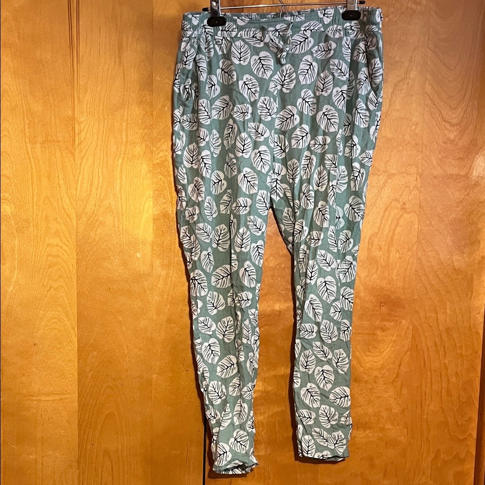 Serra Women's Large Green Leaf Print Linen Blend Pants